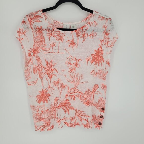Joie womens medium white rusty orange red tropical print short sleeve linen top - Picture 9 of 9